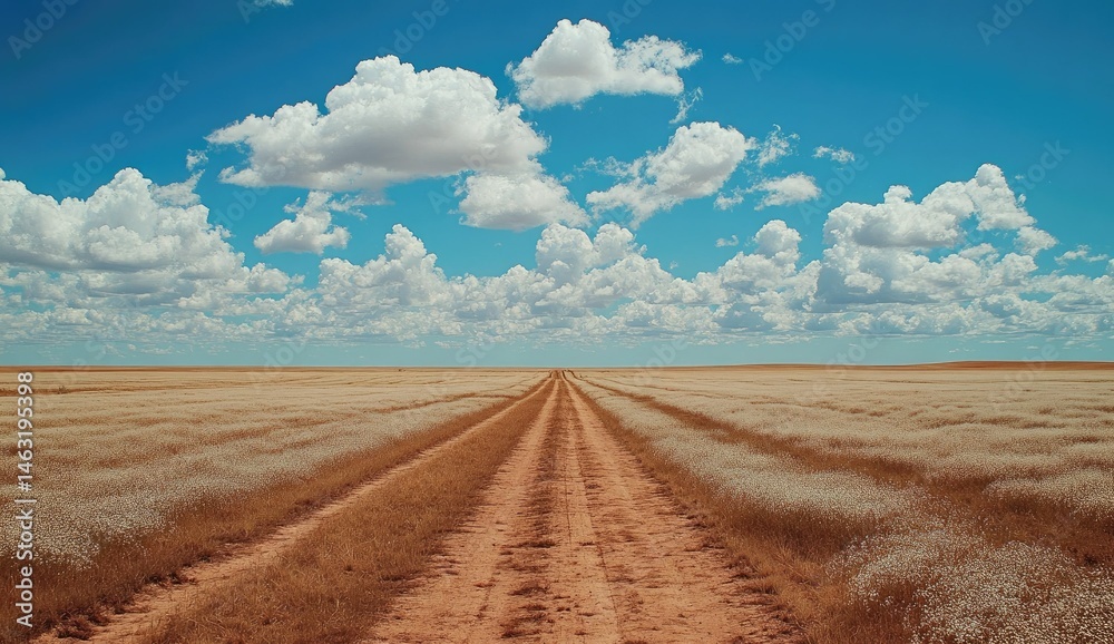 Fototapeta premium Open Road Through Golden Fields Under a Blue Sky