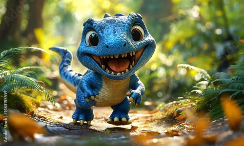 A cheerful blue dinosaur character joyfully exploring a vibrant forest path surrounded by lush greenery