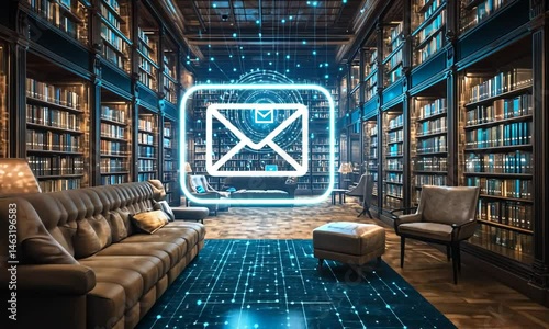 A futuristic library with digital elements, featuring a glowing email icon and cozy seating