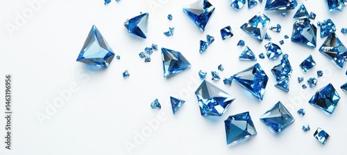 Scattered blue gemstones on white background
