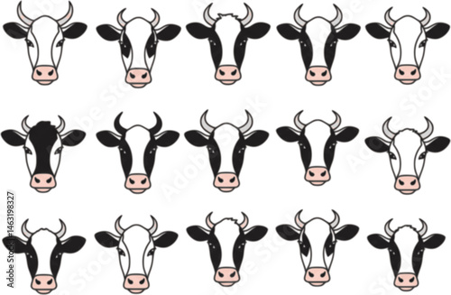 set of cow face , front view, vector illustration
