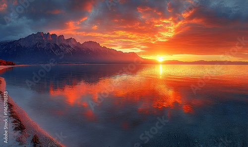 Fiery Sunset over Mountain Lake Reflection
