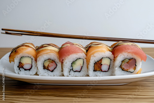 Five Colorful Sushi Rolls with Chopsticks on Wooden Table