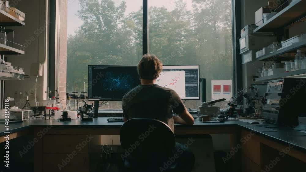 Scientist Analyzing Data on Dual Monitors in a Modern Laboratory with Natural Light from Windows Scientist Analyzing Data on Dual Monitors in a Modern Laboratory with Natural Light from Windows