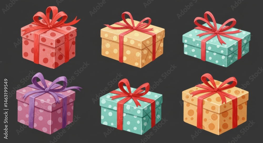 Fototapeta premium Collection of colorful gift boxes with polka dots.