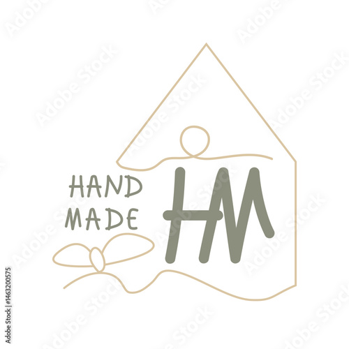Minimal handmade logo design with hand-drawn house, ribbon, and HM text, perfect for artisan products, craft packaging, DIY branding, small business labels, and eco-conscious goods.