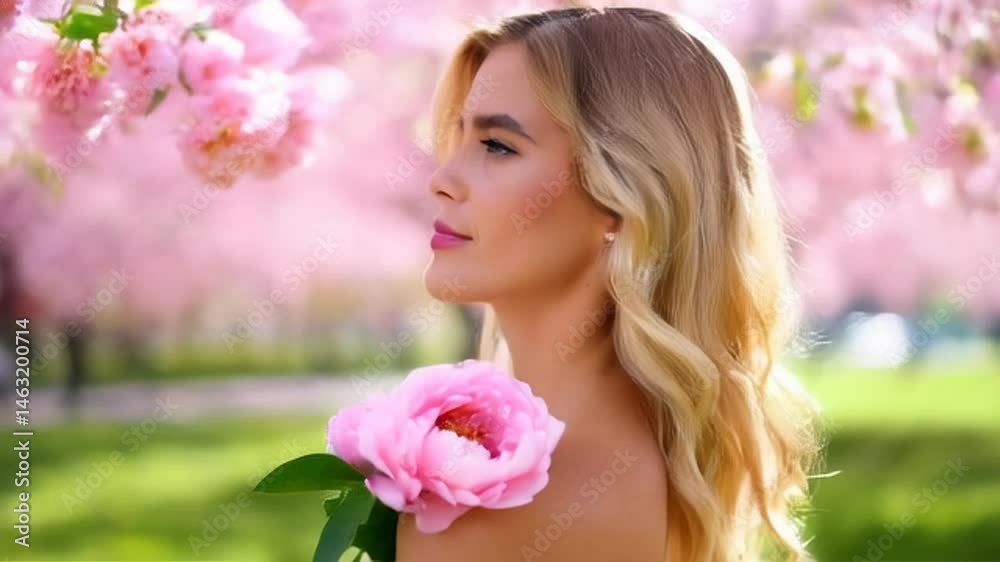 Woman with Blonde Curly Hair Pink Flower Cherry Blossoms and Green Grass in Spring Season Woman with Blonde Curly Hair Pink Flower Cherry Blossoms and Green Grass in Spring Season