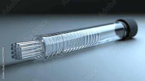 Transparent laboratory pipette with a black cap resting on a smooth surface, ideal for scientific use photo