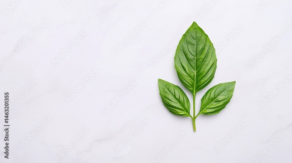 Fototapeta premium A fresh green basil sprig with three leaves on a light marble background.