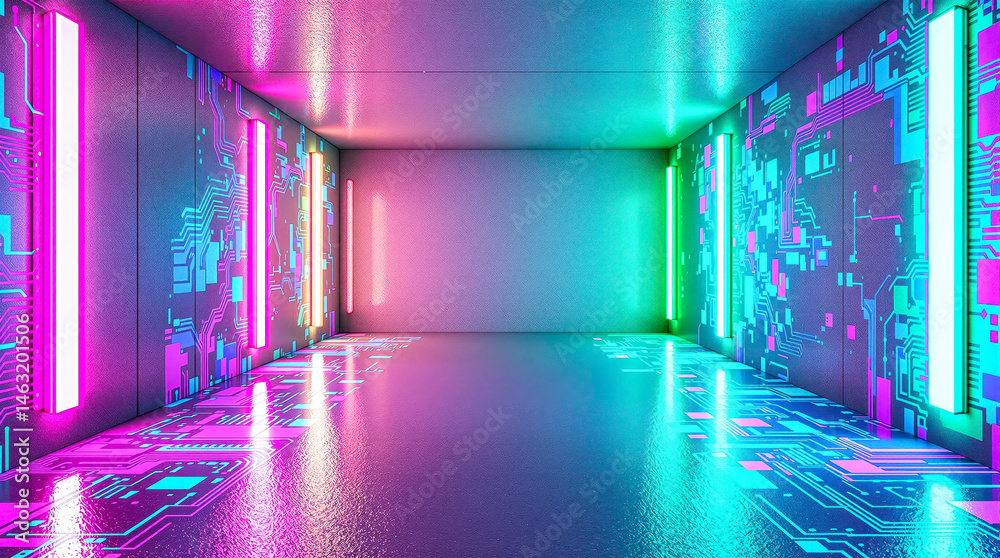 A long, illuminated corridor features glowing circuit board on the walls and floor. A long, illuminated corridor features glowing circuit board on the walls and floor.