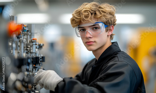 Focused Young Male Technician Working on Industrial Machinery