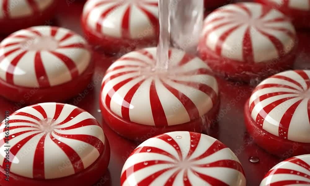 Close-up of glossy peppermint candies arranged in a pattern, with water droplets adding a refreshing touch
