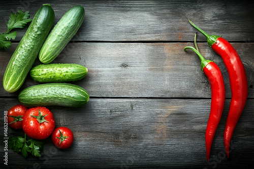 Fresh Cucumbers Tomatoes and Chili Peppers on Rustic Wooden Background