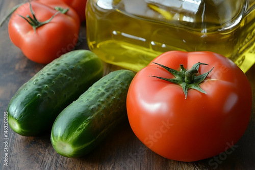 Fresh Tomatoes and Cucumbers with Olive Oil on Wooden Table