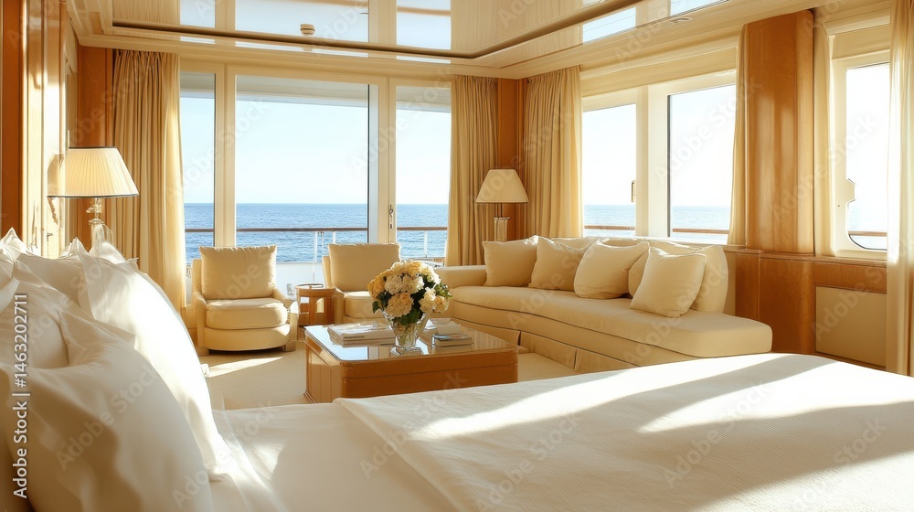 Fototapeta premium Luxurious Spacious Bedroom with Panoramic Ocean Views and Elegant Decor in Daylight