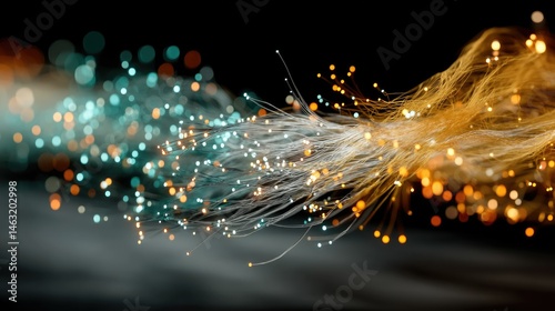 Abstract representation of flowing strands with glowing particles in blue and orange hues.