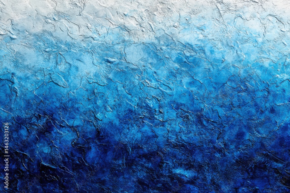 Abstract textured painting with deep blues and whites. Textured surface shows a gradient of blues from light to dark. Intricate patterns suggest water or ice Abstract textured painting with deep blues and whites. Textured surface shows a gradient of blues from light to dark. Intricate patterns suggest water or ice