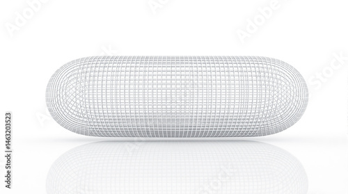 A textured, white ellipsoid rests on a reflective surface.