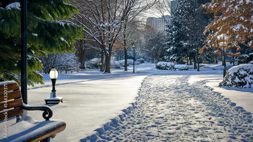 Snowy park path with bench, winter scene