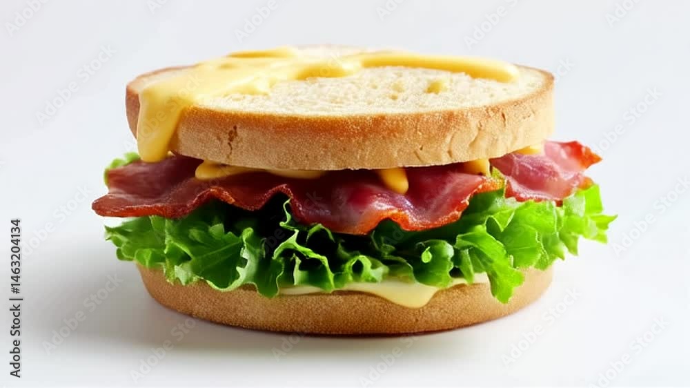 Bacon Lettuce and Cheese Sandwich Topped with Cheese Sauce on Plain White Background