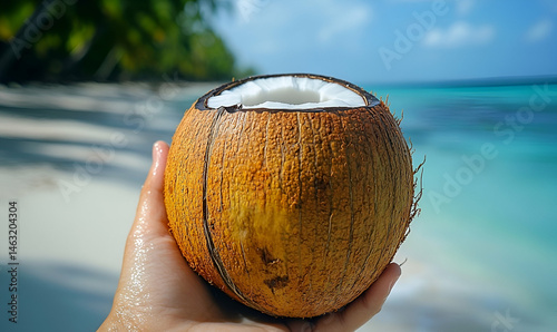 Hand Holding a Fresh Coconut on a Tropical Beach