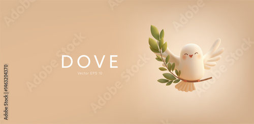 Cute dove character with a branch in the sky, 3D. Pastel banner. realistic dove for religious and advertising concepts, prints, posters. Vector illustration.