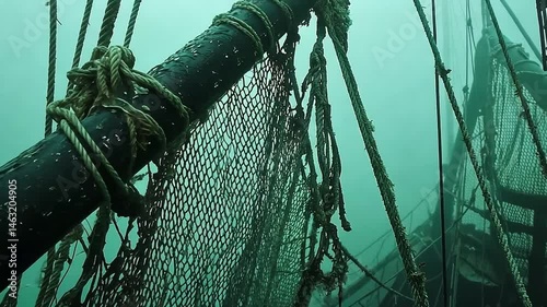 Underwater shipwreck's decaying rigging.