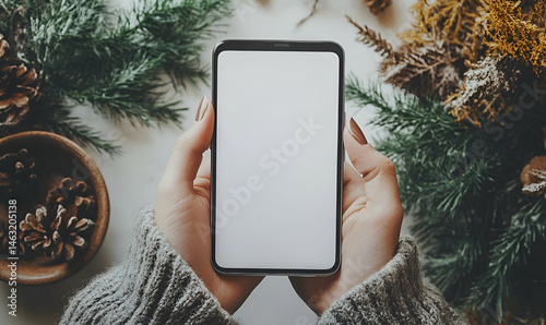 Hands Holding Smartphone with Blank Screen Mockup Winter Holiday Theme