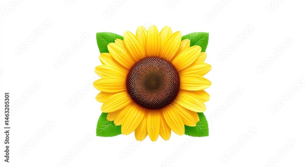 Fototapeta premium A vibrant yellow sunflower with detailed seeds and green leaves, isolated on a white background. It’s a striking, close-up floral portrait
