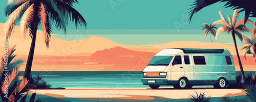 Retro style camper van on tropical beach at sunset with palm trees and ocean view.