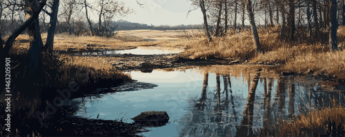 Serene autumn landscape with stream and reflected trees in tranquil forest.