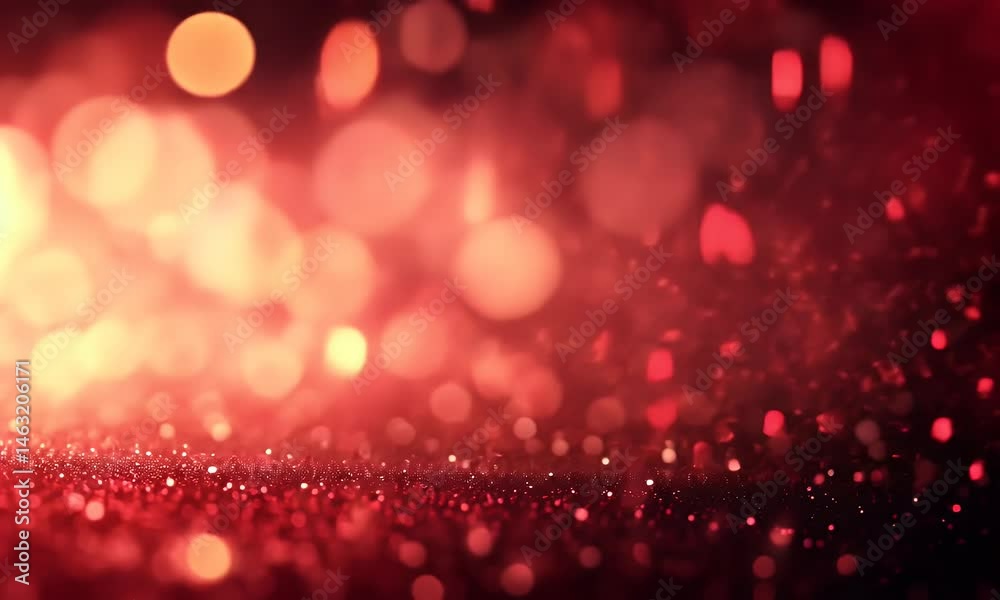 Red bokeh lights on a dark background. Abstract, blurred red light effect for celebration, romantic Valentine's Day, or birthday party design. Background of red glowing particles and dots.