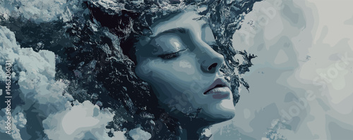 Surreal artistic portrait of woman blending with ocean waves in dreamlike scene.