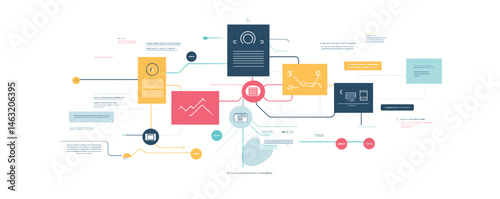 Colorful infographic with flowchart of connected data points and information boxes.