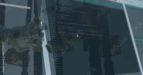 Brass valve assembly being rendered in 3D scene, with black hoses, pipes, code overlay and scale