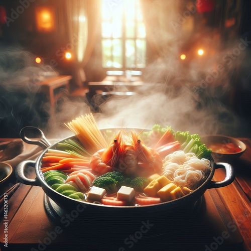 Artistic portrayal of a steaming hot pot of Thai sukiyaki