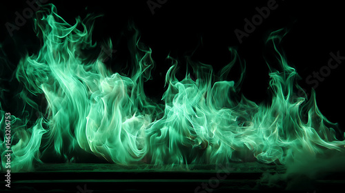 Vibrant green flames dancing against a dark backdrop, creating a mystical and dynamic atmosphere