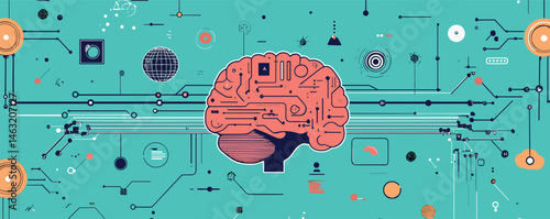 Futuristic brain design on teal background with circuit elements and digital symbols.