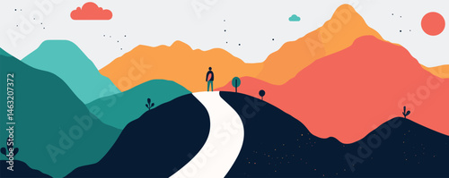 Minimalist landscape with person on path surrounded by colorful mountains and sky.