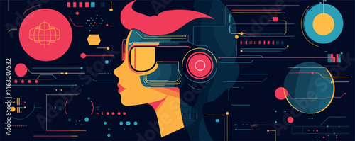 Futuristic woman with ar glasses in digital space filled with abstract geometric shapes and data.