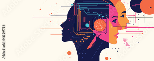 Abstract digital human faces with circuitry, technological art depicting female silhouettes.