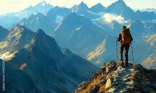 Hiker on Mountain Peak with Panoramic View