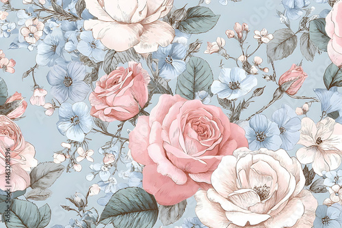 Pastel floral pattern with delicate roses and blossoms.