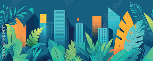 Vibrant tropical foliage amidst cityscape at sunset with lush greenery and colorful leaves.