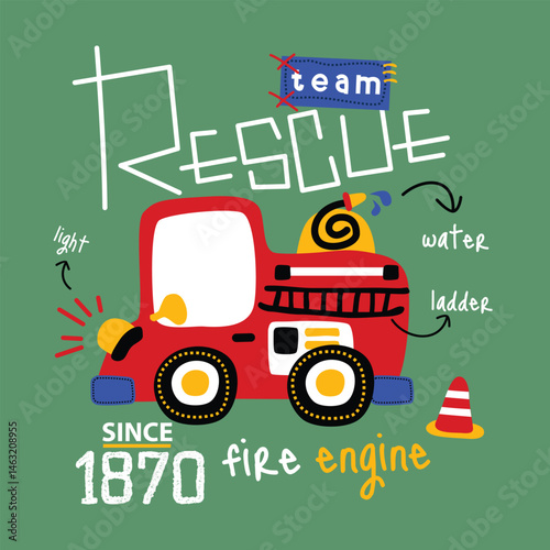 Colorful cartoon fire engine with "Rescue Team" message and fun design elements, including water and ladder.
