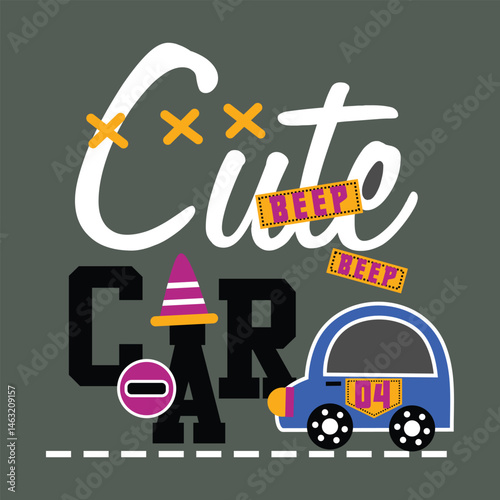 Colorful cartoon car with a "Beep Beep" message and fun, playful design elements.
