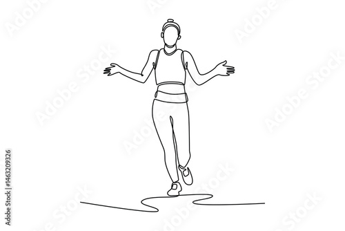 Continuous one line drawing happy teenage girl winning race and coming first to finish line at track field race. Fitness, sport and success concept. Single line draw design vector graphic illustration
