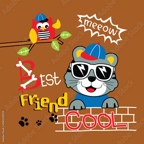 Cool lion wearing sunglasses with his best friend bird in a playful design for children's friendship illustration.
