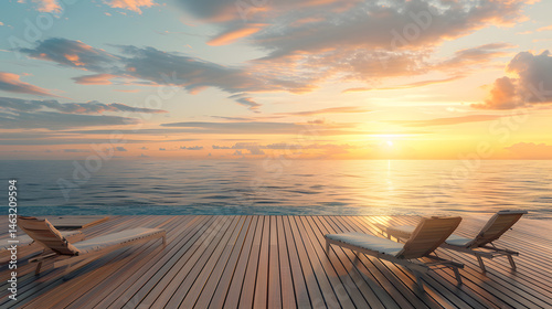 wooden deck, ocean view, empty sun loungers, sunrise, calm mood