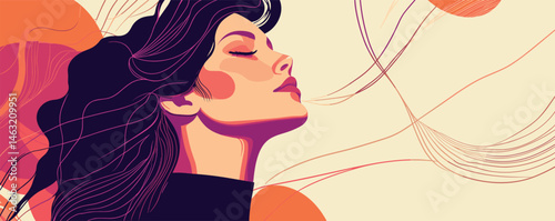 Colorful abstract portrait of young woman with flowing hair and closed eyes.